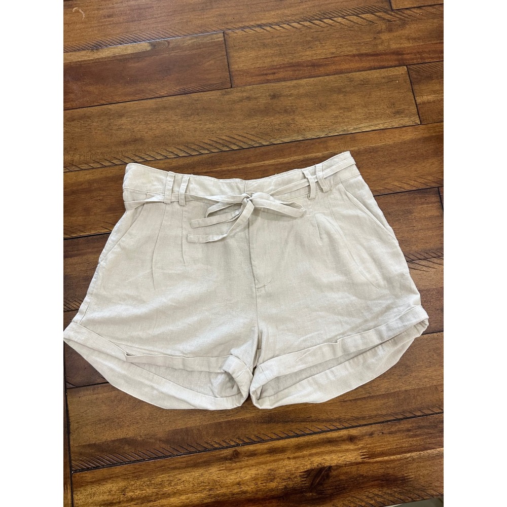 Revamped Linen Blend Shorts Women Large Beige Good Tie Waist High Rise SS34-492